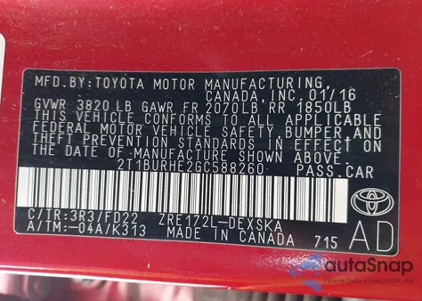 2016 Toyota Corolla S Plus from USA, damaged, VIN 2T1BURHE2GC588260